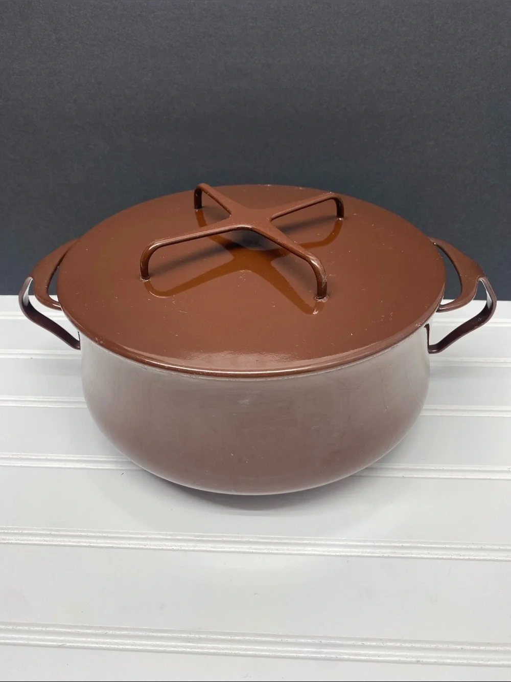 Dansk Brown Enamelware Casserole Covered Pot Trivet Top Ihq France 1956